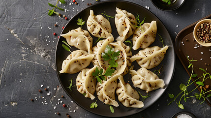 A detailed close-up of delicate dumplings arranged in artistic swirl. Soft textures and savory beef filling highlight traditional Asian cuisine. The refined presentation enhances their gourmet appeal