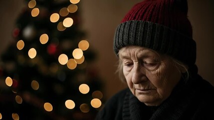 Elderly Caucasian woman in a knitted hat looking pensive with a blurred Christmas tree in the background, depicting loneliness during the holiday season.
