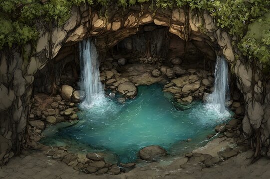 Waterfall Cavern Battlemap Fantasy Role Playing Game Environment Underground Grotto Adventure Scene Tabletop Gaming Terrain