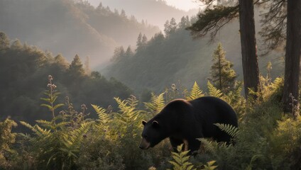 A solitary black bear forages in a sunlit, forested valley surrounded by mountains