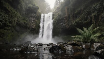 A majestic waterfall cascading down mossy cliffs, surrounded by lush, green vegetation