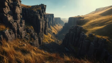 A deep valley carved by time, with towering rock faces and golden grass. Sunlight bathes the scene