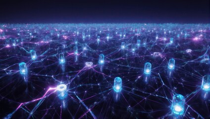 A digital landscape of interconnected glowing pillars and networks, bathed in neon blues and purples