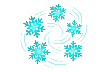 Snowflakes swirling in a winter vortex, representing cold weather, frost, and chilly temperatures on a transparent background