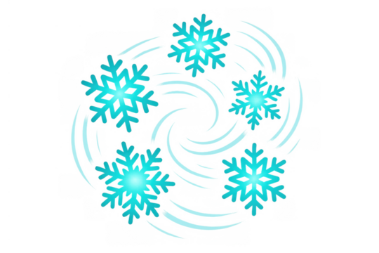 Snowflakes swirling in a winter vortex, representing cold weather, frost, and chilly temperatures on a transparent background