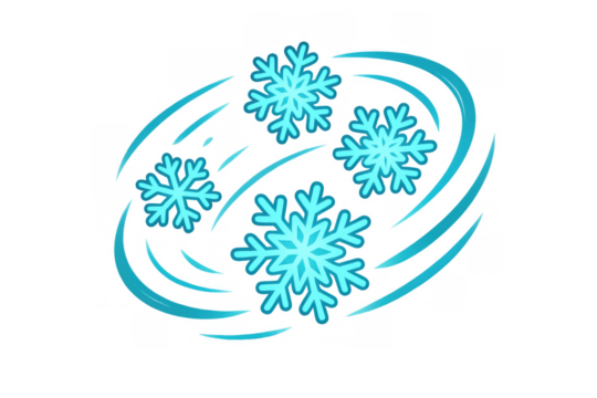 Snowflakes flying in strong wind, freezing cold weather icon showing winter blizzard and frost on transparent background