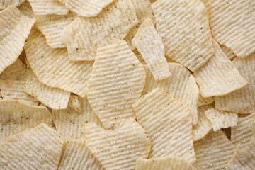 Homemade Flavored Paprika Potato Chips in a Bowl, top view. Flat lay