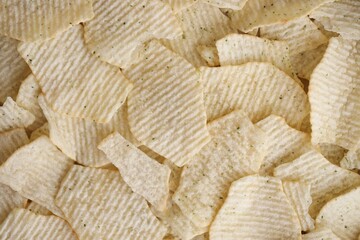 Homemade Flavored Paprika Potato Chips in a Bowl, top view. Flat lay