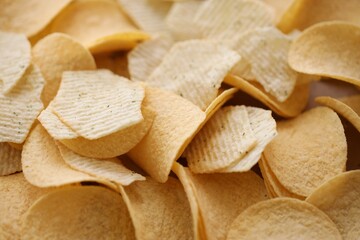 Homemade Flavored Paprika Potato Chips in a Bowl, top view. Flat lay