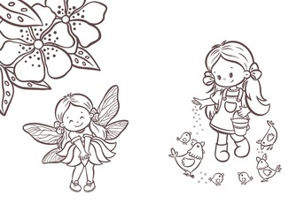 Kawaii Line Art Illustrations for Kids. Set of cute kawaii coloring pages with a mermaid and a fairy character. Kawaii Clipart perfect for kids activities, printable coloring sheets, books