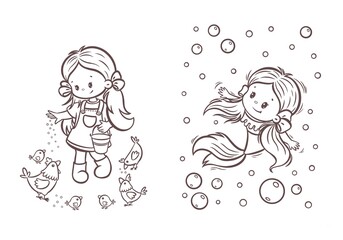 Kawaii Line Art Illustrations for Kids. Set of cute kawaii coloring pages with a mermaid and a fairy character. Kawaii Clipart perfect for kids activities, printable coloring sheets, books
