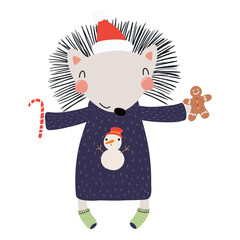 Hedgehog with sugar cane, gingerbread isolated on transparent. Hand drawn flat vector illustration. Cute cartoon character. Traditional Christmas, New Year design element, clip art