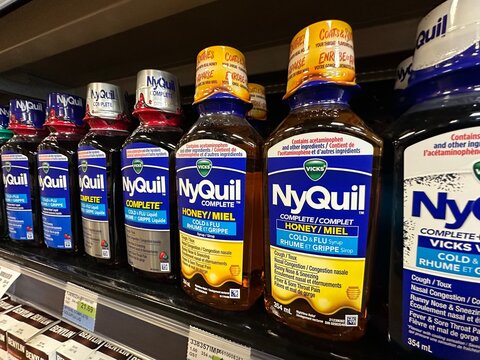 Retail Display of NyQuil Cough and Cold Medicine &ndash; Vulcan, Alberta, Canada &ndash; November 22, 2025 &ndash; Editorial Use Only