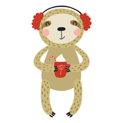 Obraz premium Sloth in earmuffs, with a mug isolated on transparent. Hand drawn flat vector illustration. Cute cartoon character. Traditional Christmas, New Year design element, clip art
