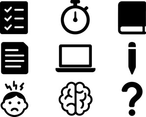 Essential icons for productivity: checklist, stopwatch, book, document, laptop, pencil, stress, brain, question mark