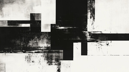 Abstract composition featuring blend of black and white geometric shapes, creating striking visual contrast. interplay of textures and forms evokes sense of modernity and artistic expression
