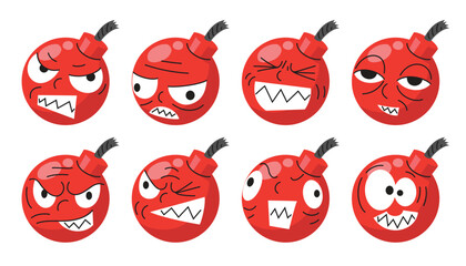 Set of red cartoon bomb characters with different facial expressions. Round bombs with fuse in various emotional states. Vector illustration for icons, games, and graphic design.