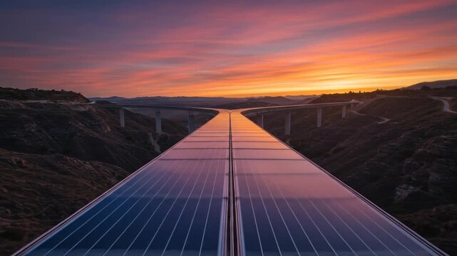 Solar panel road leading to divided highway bridges at sunset