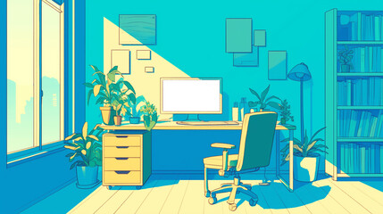 Fototapeta premium 落ち着いた空間でデジタル作業を行う人物のイラスト｜在宅ワーク、遠隔授業、PC利用、現代的生活シーンを描いたフリー素材に最適