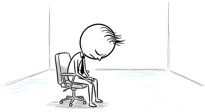 A minimalist sketch captures the profound loneliness and mental exhaustion of a bowed businessman, symbolizing corporate burnout and the silent struggle in an empty office