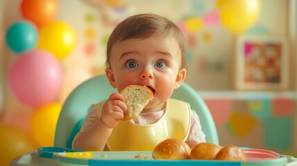 A young Caucasian baby with brown hair sits in a high chair, eating bread. Colorful balloons decorate the background, emphasizing a joyful atmosphere.