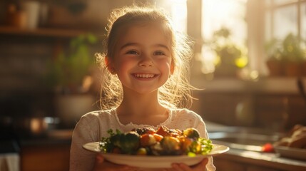 Smiling young girl with brown hair holds a plate of colorful vegetables in a sunlit kitchen. She enjoys healthy vegetarian food.