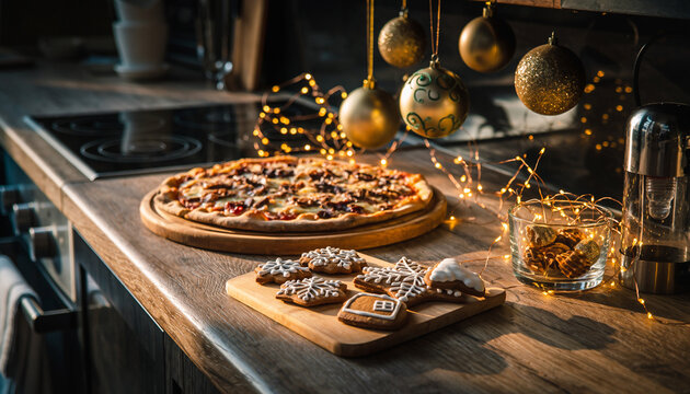 Warmly lit kitchen counter adorned with a festive pizza and gingerbread cookies, ready for holiday celebrations