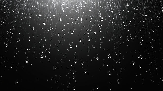 Black and white digital texture of rain droplets falling against dark background, creating serene and calming atmosphere. light reflects off water, enhancing visual appeal