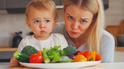 A frustrated mother and her toddler sit at a table with a plate of colorful vegetables. Both have unhappy expressions, showing reluctance to eat healthy food.