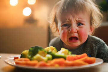 A young Caucasian boy with curly blond hair is crying at a table. He has a plate of colorful vegetables in front of him, including broccoli and carrots.