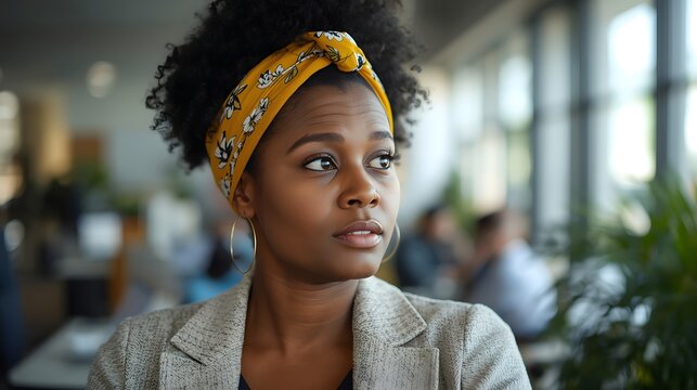 Natural candid office scene featuring a woman with textured curly hair and a yellow headband looking attentively to the side, captured in soft daylight with a modern workspace background creating a pr