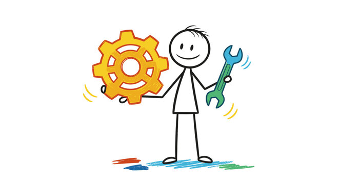 A cheerful stick figure embodies the essence of system configuration and technical problem-solving, holding a bright gear and a reliable wrench, symbolizing innovation and efficiency