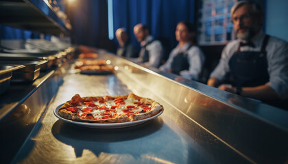 Freshly baked pizza resting on a sleek stainless steel counter in a professional restaurant kitchen with chefs in the background