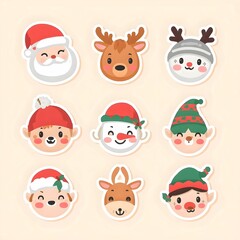 Obraz premium Set of Cute Christmas Head Stickers: Santa, Reindeer, Snowman, and Elf Avatars