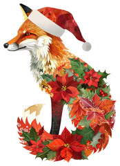 Naklejka premium PNG Poinsettia Flower Collage fox wearing Santa hat illustration poinsettia christmas.