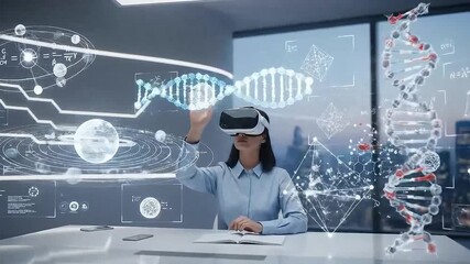Female Scientist in Virtual Reality Analyzing a Holographic DNA Helix. - Powered by Adobe