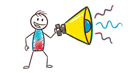 Joyful stick figure doodle character loudly announcing news with a vibrant yellow megaphone, illustrating the concept of broadcasting information, effective communication, and drawing attention