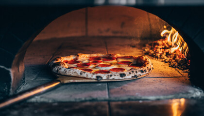 Hot pepperoni pizza being slid into a wood-fired oven with glowing embers and flames, close-up shot