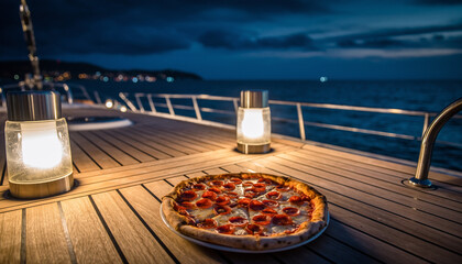 Elegant outdoor dining experience with a pepperoni pizza served on the deck of a yacht during a serene night at sea