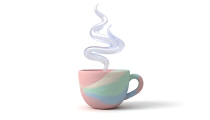 3D clay pastel tea cup with a soft floating steam spiral, cute minimal style, warm cozy feel, isolated on white background.