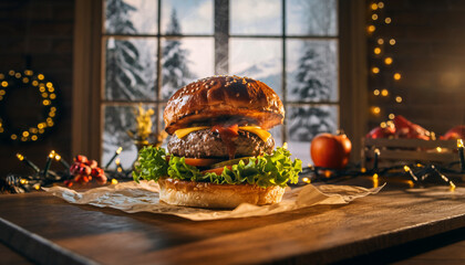 Delicious gourmet cheeseburger on rustic wood, framed by festive lights and a snowy window. A cozy winter holiday comfort food meal