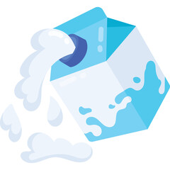 Spilled Light Blue Milk Carton Icon With White Liquid Pouring Out And Splashing Against Transparent Background