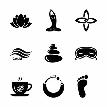 Relaxation and meditation black glyph icons set.