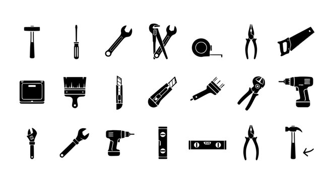 Construction Tools Icons Collection Hammer, Screwdriver, Wrench and More