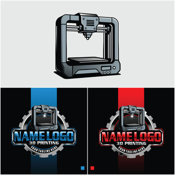 3D printing machine logo. logo design of technology 3D printer. Modern logo 3D printing technology
