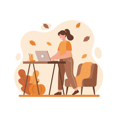 A woman happily works on a laptop in a cozy autumn home office setting illustrating remote work