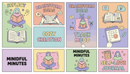 Pastel comic strip illustration of selfcare journaling reflection and mood tracking concepts