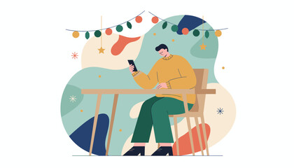 Man using a smartphone at a table in a cozy decorated outdoor setting Flat vector design