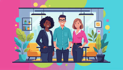 Diverse team of three business professionals smiling in a vibrant modern office environment