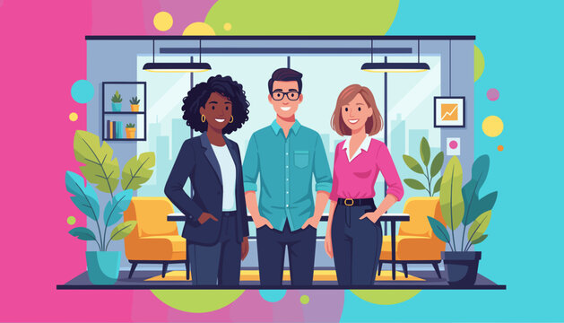 Diverse team of three business professionals smiling in a vibrant modern office environment